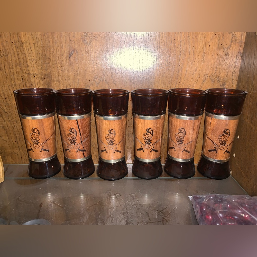 Siesta-ware Antique Vintage Amber Glass Tumblers - pirate buccaneer theme (6 pc)